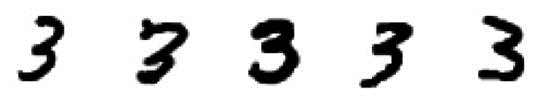 Five handwritten 3s from the MNIST database